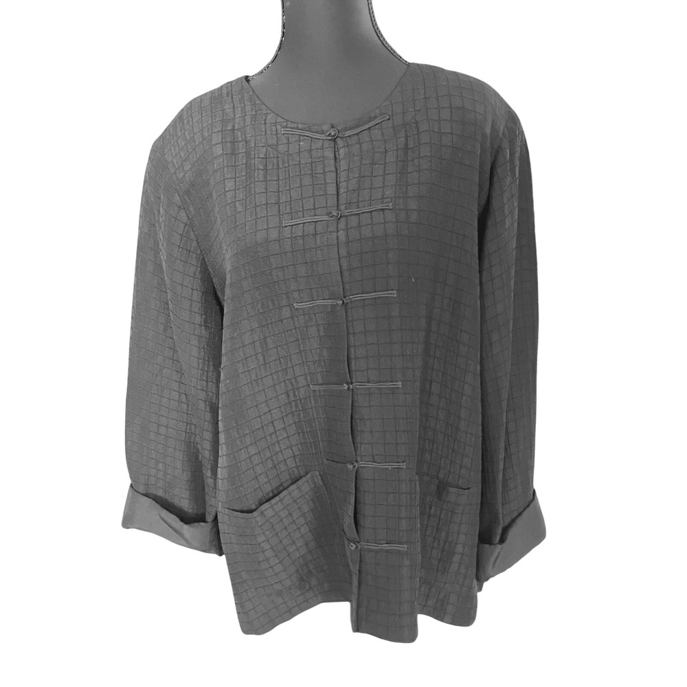 Eileen Fischer Black Quilted Button Up‎ Silk/Linen Jacket Lagenlook Sz XL